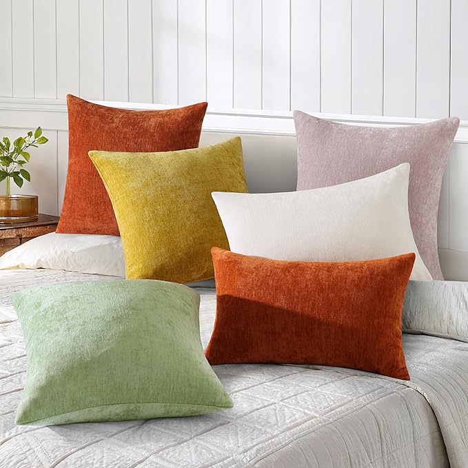 decorUhome Chenille Mineral Yellow Spring Throw Pillow Covers 18x18 Inch Set of 2, Decorative Soft Couch Pillow Covers Solid Dyed Accent Farmhouse Neutral Square Pillow Cases for Sofa