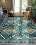 Area Rug 9x12 Rug Machine Washable Non-Slip Low Pile Print Pattern Western Rug for Living Room Bedroom Entryway Tribal Series -Teal/Green