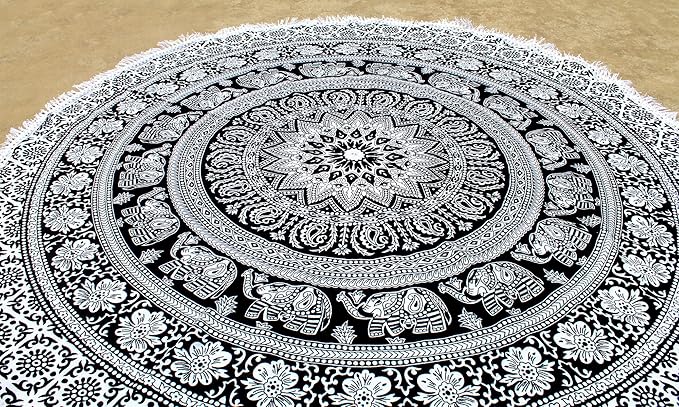 Round Beach Tapestry Turquoise Mandala Throw/Boho Hippie Beach Blanket Roundie/Indian Cotton Bohemian Large Round Table Cloth-Home Decor/Yoga Mat Meditation Picnic Rug (70", Black And WHite)