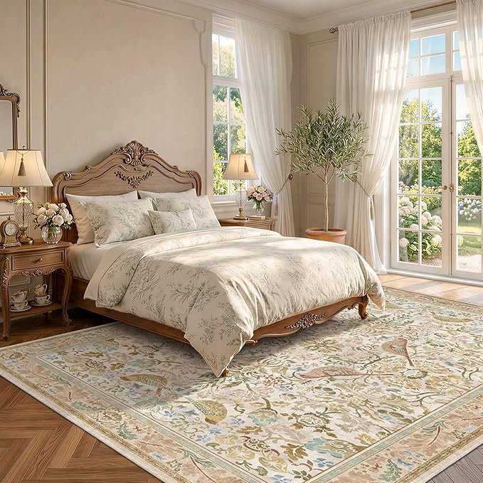 Washable Living Room Rug 8x10 - Country Style Beige Floral Area Rugs for Bedroom Under Bed, Dining Room Table Rug, Stain Resistant Non-Slip Neutral Farmhouse Décor with Light Blue and Green Accent