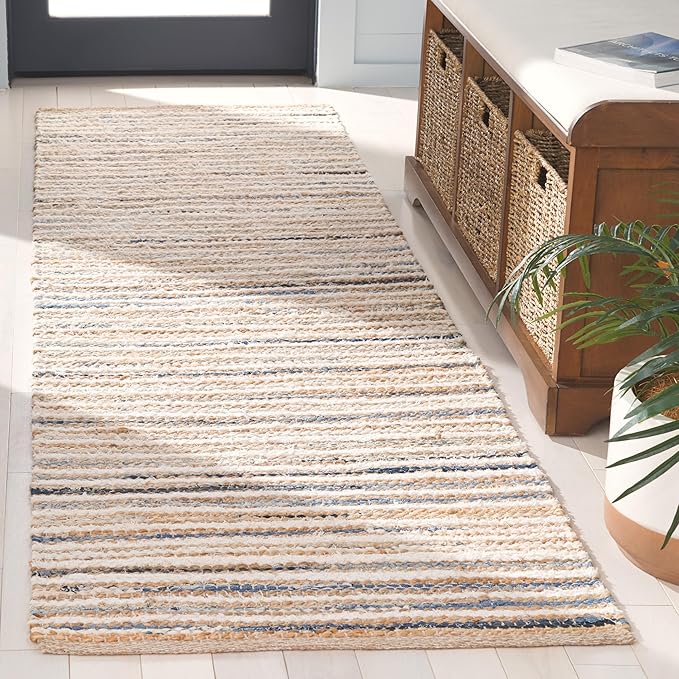 SAFAVIEH Cape Cod Collection Area Rug - 2'3" x 8' Runner, Natural/Light Blue, Geometric Design, Ideal for High Traffic Areas in Living Room, Bedroom, Dining (CAP151L)