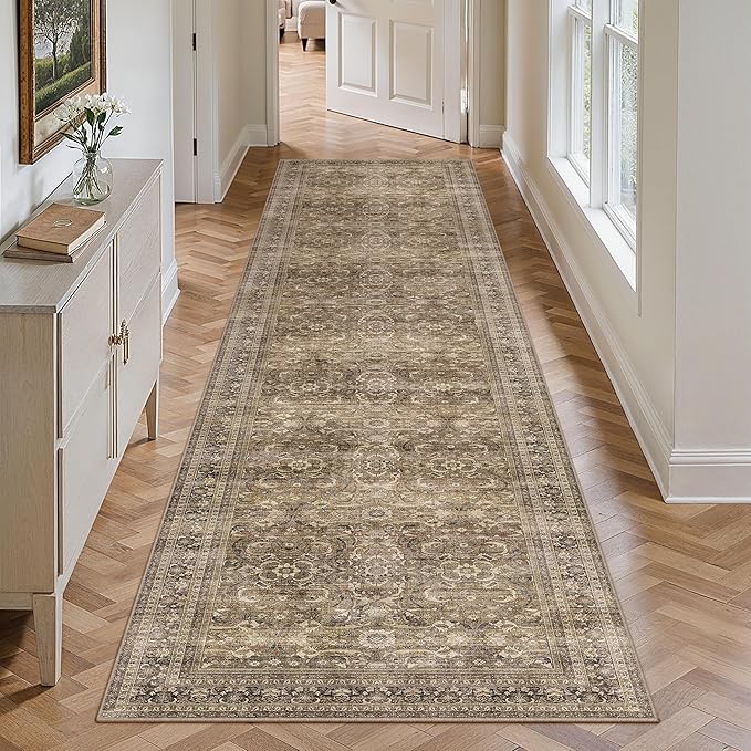 HUGEAR 2'6''x10' Runner Rug Hallway Vintage Brown Machine Washable Retro Floral Low Pile Carpet Distressed Long Throw Rug Bedroom Kitchen Laundry Non Slip Soft Lightweight