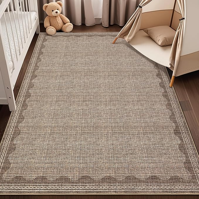 GarveeHome Washable Rugs 5x7 Rug for Living Room, Scalloped 5 x 7 Rug Solid Coffee Modern Minimalism Low-Pile Carpet for Bedroom Dining Nursery Non Slip Mat with Rubber Back