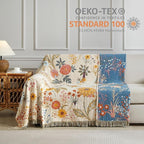 Boho Throw Blanket for Bed 60”x80”, 100% Cotton Woven Blanket for Couch Sofa, Ultra Soft 4-Layer Muslin Quilt with Floral Printed, Farmhouse Bed Blanket/Cover for Living Room Decor