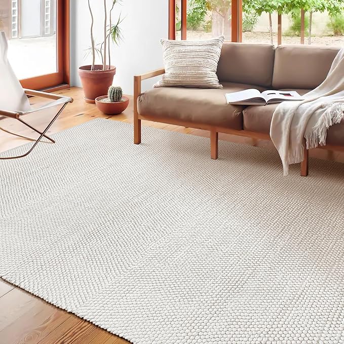 Savi Home Handwoven Wool Cotton Blend Area Rug 4x6', Textured Popcorn Braided Ivory Rug, Soft Thick Farmhouse Contemporary Living Room Carpet, Neutral Modern Decorative Floor Rug