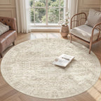 5x5 Beige Round Rug 5ft Living Room Circle Rug Vintage Round Area Rug Non Slip Indoor Carpet for Entryway Dining Room Bedroom