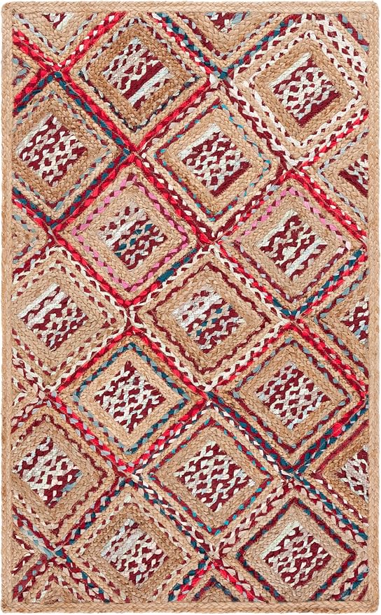 SAFAVIEH Cape Cod Collection Accent Rug - 3' x 5', Natural & Red, Handmade Flat Weave Diamond Braided Jute & Denim, Ideal for High Traffic Areas in Entryway, Living Room, Bedroom (CAP354B)