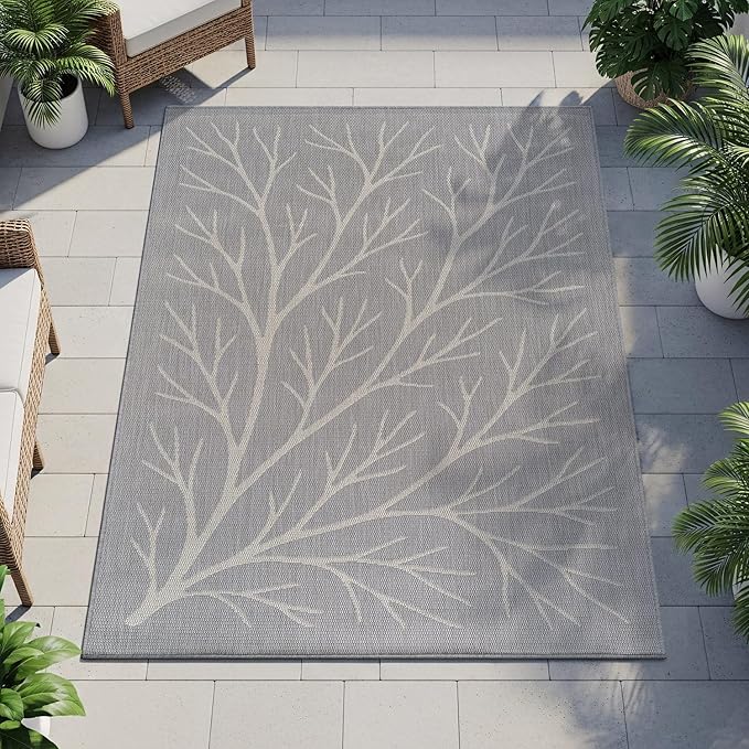Washable Indoor Outdoor Rug 9x12 Modern Area Rugs Branch Pattern Non Shedding Waterproof Easy Clean Patio Deck Porch Living Room Bedroom Garden RV (9 X 12 Gray)