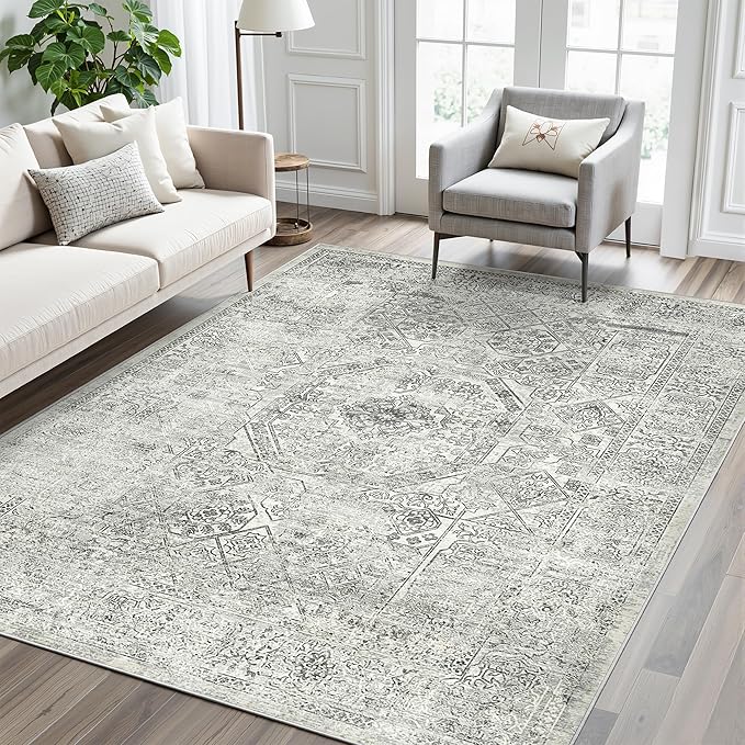 6x9 Area Rug for Living Room Floral Washable Non-Slip Gray Rugs for Bedroom Dinning Room Ultra-Thin Indoor Grey Rug
