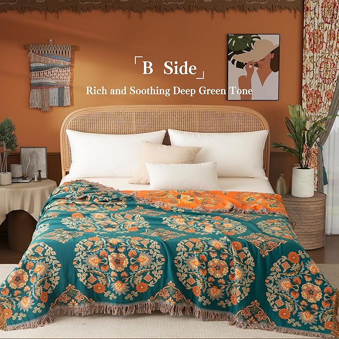 Boho Throw Blanket Throw Size, Soft Cozy Cotton Muslin Quilt Blanket for Bed Decor, Bird Patterned Couch Sofa Chair Cover, Vintage Farmhouse Cottage Tapestry Woven Blanket, Orange&Green
