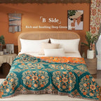 Boho Throw Blanket Full Size, Extra Large Soft Cozy Cotton Muslin Quilt Blanket for Bed Decor, Floral Patterned Couch Sofa Chair Cover, Vintage Farmhouse Cottage Woven Blanket, Orange&Green