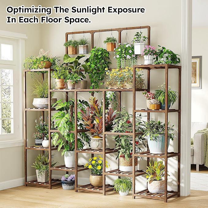 EnHomee Tall Plant Stand, 14 Tiers Indoor Plant Stand for Multiple Plants Pot, Wood Plants Shelves for Living Room, Patio, Balcony, Yard, Garden, 11.8''D×56''W×63''H