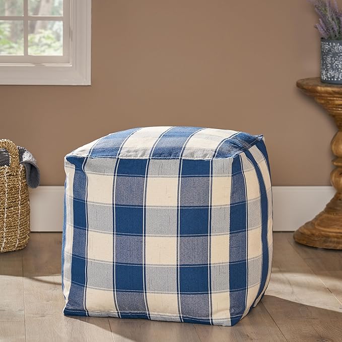 GDFStudio Modern Fabric Checkered Cube Pouf Ottoman Foot Stool - Bean Bag Floor Chair - Foot Rest Couch for Living Room Bedroom,Ivory and Navy Blue,16"" x 16"" x 16"", 313655N