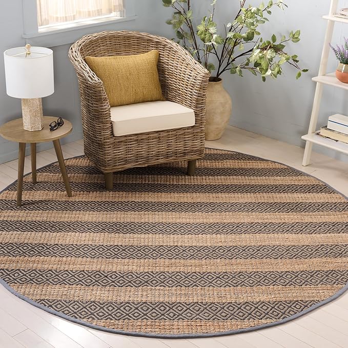 SAFAVIEH Natural Fiber Collection Area Rug - 7' Round, Charcoal & Natural, Flatweave Jute & Cotton, Ideal for The Entryway, Living Room, Foyer, Bedroom (NFB653H)