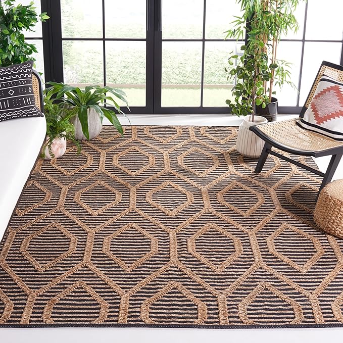 SAFAVIEH Natural Fiber Collection Area Rug - 8' Square, Black & Natural, Flat Weave Jute, Ideal for Living Room, Bedroom, Dining Space (NF378Z)