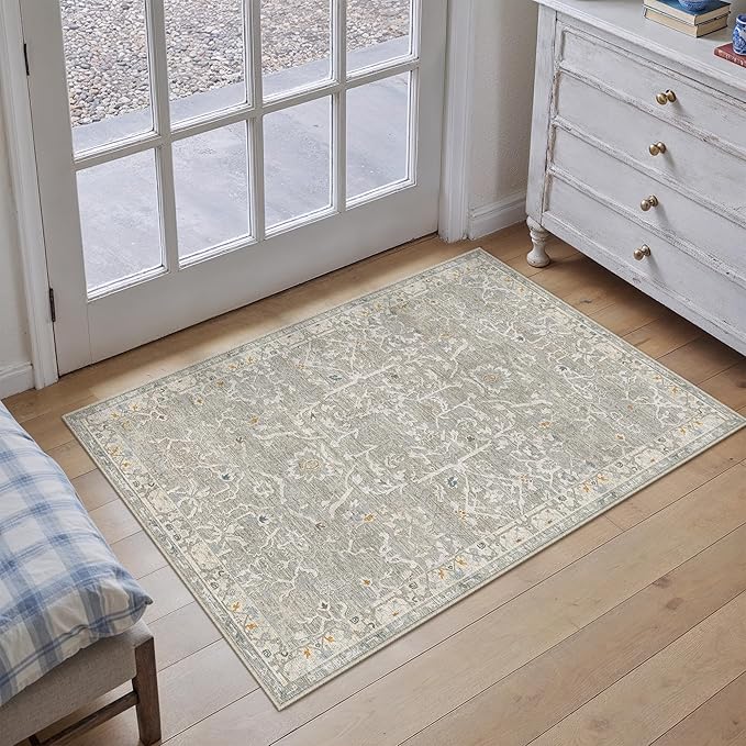 HUGEAR 2x3 Entryway Area Rug Retro Grey Small Rug Machine Washable Door Mat Vintage Floral Low Pile Carpet Vacuumable Distressed Throw Rug Entrance Kitchen Bathroom Bedroom Non Slip Lightweight