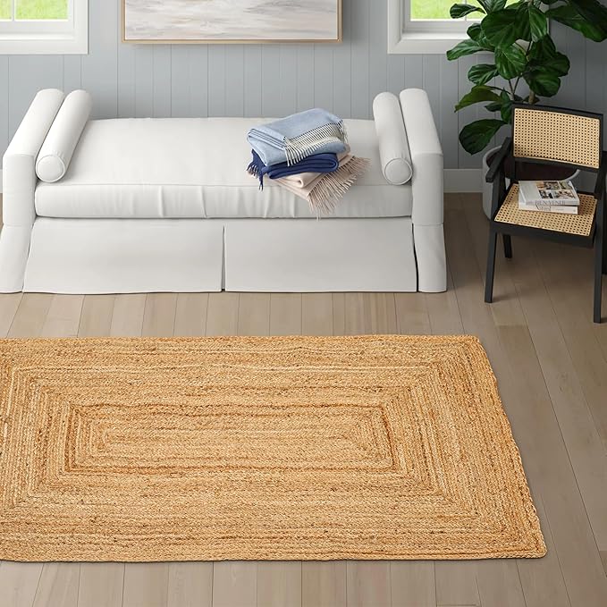Hand Woven Jute Area Rug - 3' x 5' Feet - Rustic Beige Reversible Rectangular Rugs for Bedroom, Kitchen, Living Room - Vintage Natural Braided Entry Floor Décor Boho 3x5 Jute Rug
