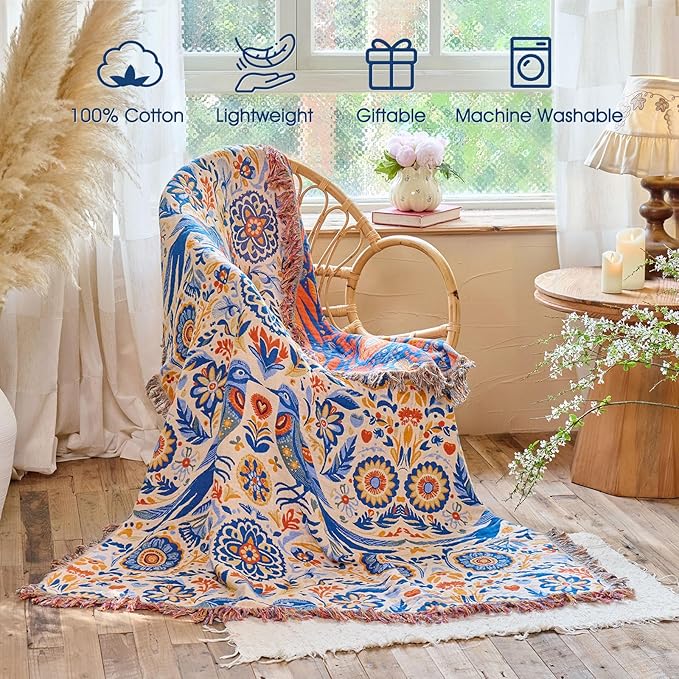 Boho Throw Blanket - 100% Cotton Ultra Soft Muslin Spring Blanket, 50"x60" Lightweight Floral Bird Framhouse Bedding Blanket for Bed, All Season Blue Bohemian Bedroom Home Decor Quilt