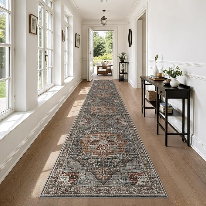 Washable Runner Rug 2.6x14 Runners for Hallways, Ultra-Thin Carpet Runners for Entryway Anti Slip Backing Runner Rugs for Kitchen Laundry Room Indoor Hallway (Grey/Brown/Tan)