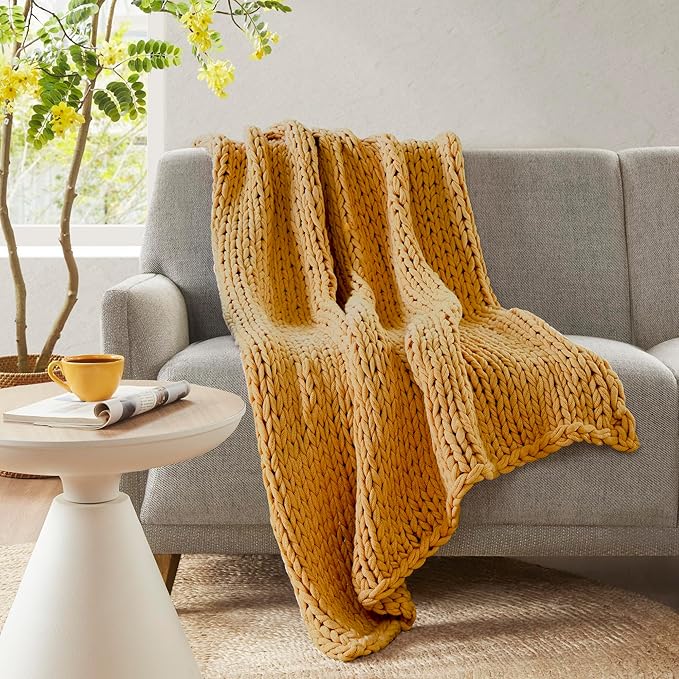 Madison Park Boho Throw Blanket, Soft Blanket Handmade Gift Home Decor, Lightweight & Breathable All Seasons Spring Chunky Knit Blanket, Knitted Throw for Couch, Bed Blanket, 50"x60" Yellow
