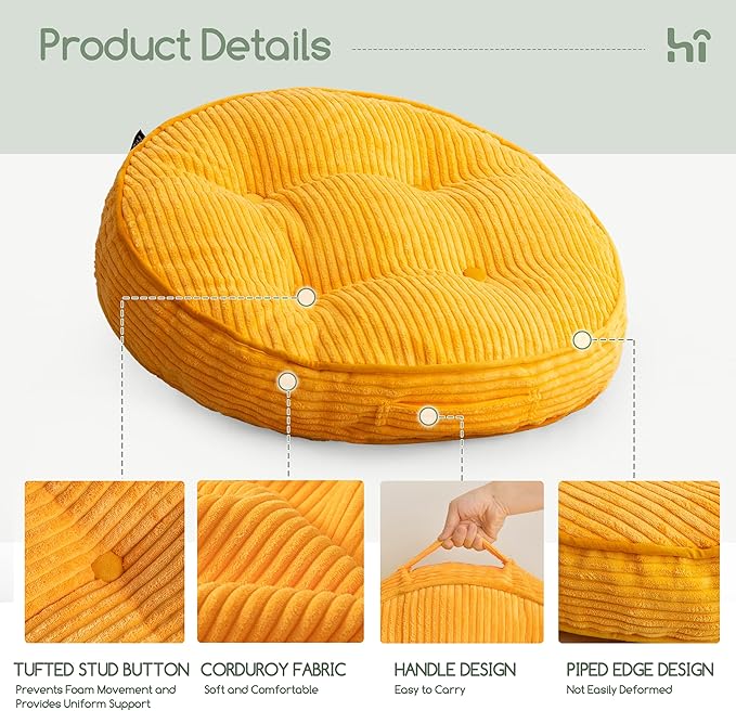 HIGOGOGO Floor Pillow Cushion for Adults, Meditation Cushion Pillow, Large Round Floor Sitting, Tufted Corduroy Cover, for Tatami Living Room or Yoga, 22x22 Inch, 2Pack, Orange