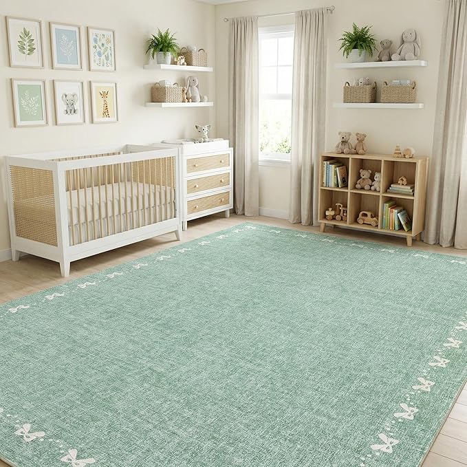 GarveeHome Bow Washable 8 x 10 Rug for Living Room Green 8x10 Playroom Rug Non Slip Soft Bedroom Rugs Low Pile Large Area Rug Stain Resistant Carpet for Nursery Dining Room, Green 8'x10'