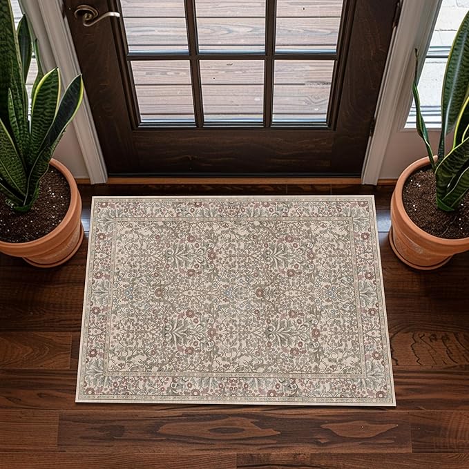 Washable 2x3 Entry Rug, Front Door Rugs Indoor, Vintage Floral Area Rugs for Kitchen, Non-Slip Bathroom Small Rugs, Perfect for Entryway Decor Door Mat (2x3 Moss)