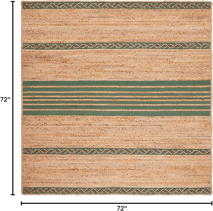 SAFAVIEH Natural Fiber Collection Area Rug - 6' Square, Natural & Green, Handmade Stripe Boho Farmhouse Rustic Braided Jute, Ideal for High Traffic Areas in Living Room, Bedroom (NFB262Y)
