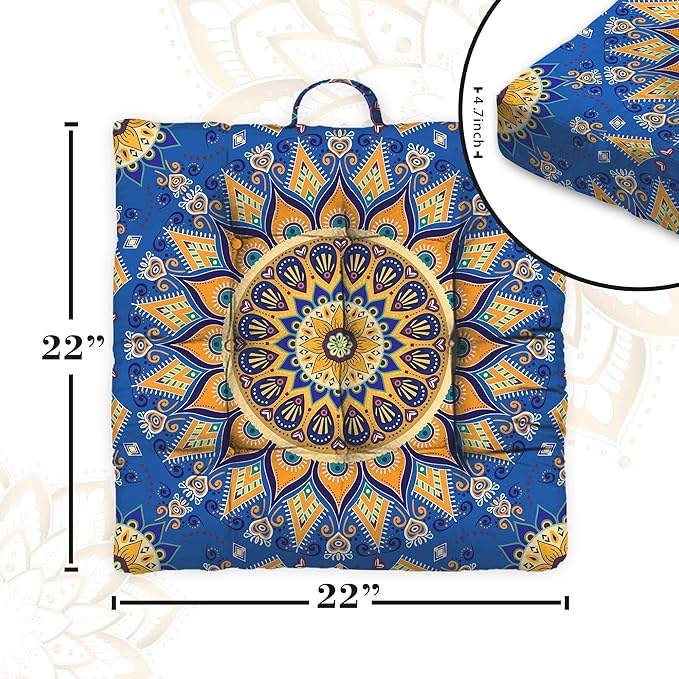 Mandala Meditation Cushion, Boho Meditation Mat, Meditation Pillows for Sitting on Floor, Cushions for Sitting in Home and Outdoor, Square Floor Pillow Cushion Seating for Yoga Accessories 22'' X 22''