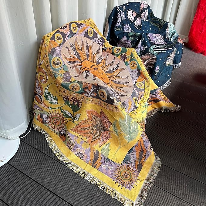 Hopstar Sun Throw Blanket Boho Hippie Tapestry Room Decor Western Blankets and Throws Soft Cozy Couch Cover for Loveseat Sofa Living Room Chair Travel 51"x63" (Yellow/Floral)