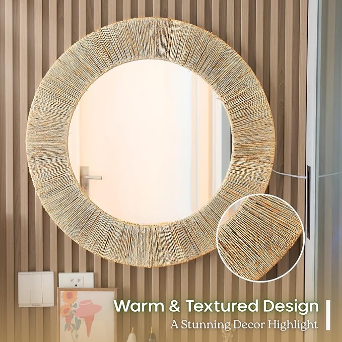 24 Inch Natural Jute Mirror, Wall Mounted Round Mirror with Metal Frame, Wall Decor Rustic Farmhouse Boho Decor Accent for Bathroom, Bedroom, Living Room, or Entryway