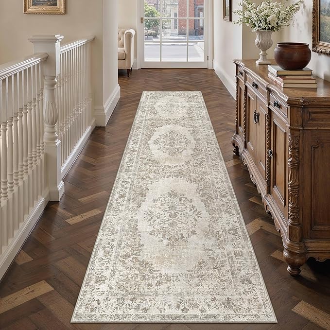 2'6"x8' Runner Rug Beige Washable Hallway Kitchen Bedroom Vintage Distressed Bathroom Non Slip Medallion Floral Carpet Indoor Retro Throw Floor Mat for Office Dining Laundry Living Room