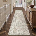 2'6"x14' Runner Rug Beige Washable Hallway Kitchen Bedroom Vintage Distressed Bathroom Non Slip Medallion Floral Carpet Indoor Retro Throw Floor Mat for Office Dining Laundry Living Room