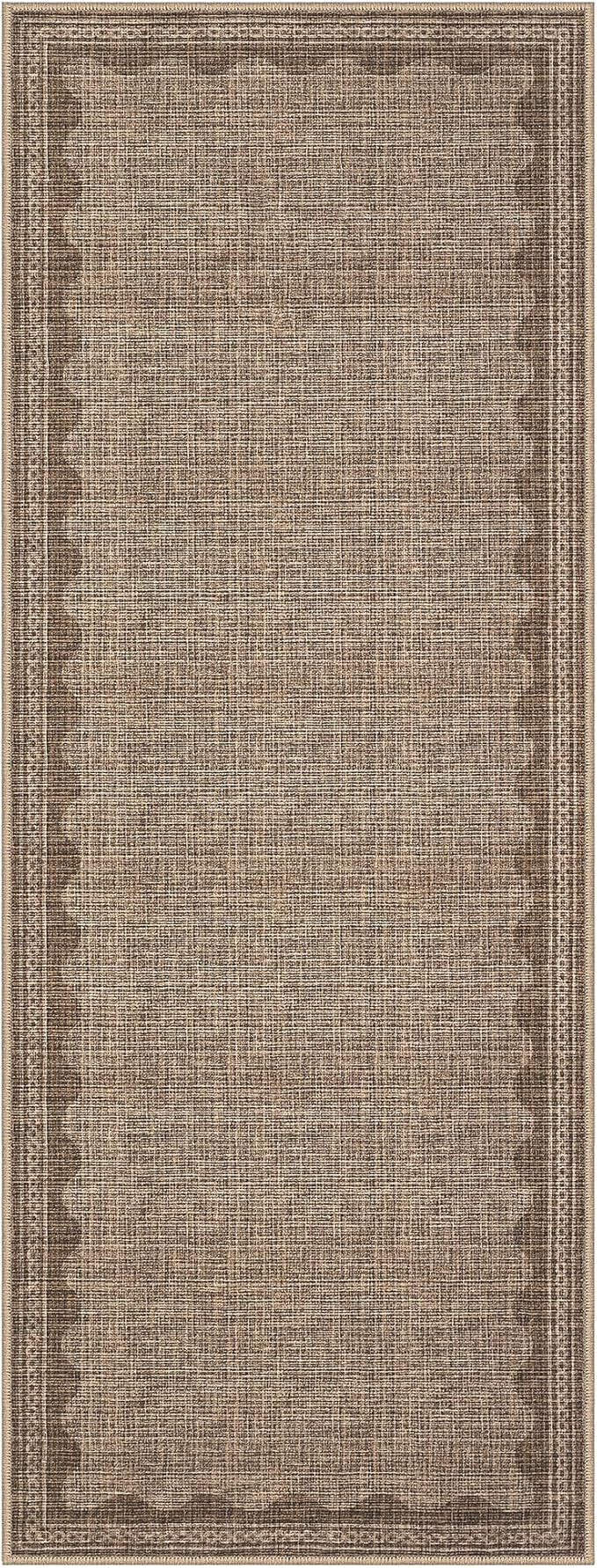 GarveeHome 2.5x8 Runner Rug for Hallway Washable Kitchen Rugs Non Slip Solid Coffee Modern Minimalism Soft Low-Pile Scalloped Indoor Carpet for Entryway Laundry Room Floor Mats
