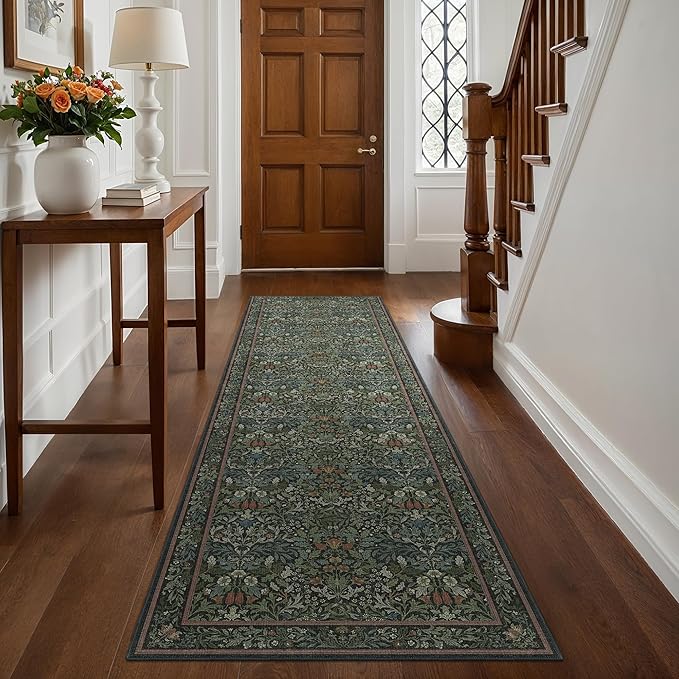 GENIMO Floral Washable Runner Rug 2’6”x10’, Non-Slip Long Hallway Carpet for Entryway, Kitchen, Indoor Floor Use, Vintage Boho Soft Thin Rug Décor, Dark Green