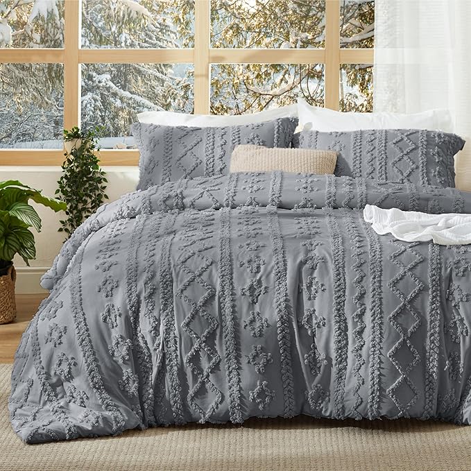 Bedsure Tufted Boho Comforter Set California King Size - Grey Boho Bed Set, GentleSoft™ 3 Pieces Farmhouse Shabby Chic Embroidery Bedding, Gifts for Woman, Soft Jacquard Comforter for All Seasons