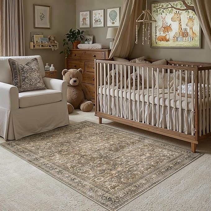 HUGEAR 3x5 Entryway Area Rug Vintage Brown Small Rug Machine Washable Door Mat Retro Floral Mid Pile Carpet Soft Thicker Distressed Throw Rug Entrance Kitchen Bedroom Bathroom Non Slip