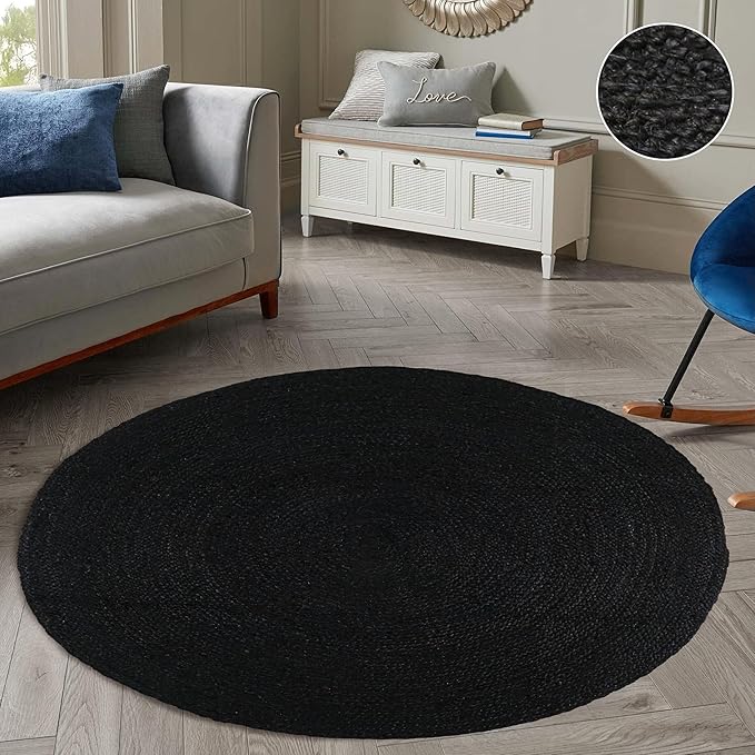 Hand Woven Braided Jute Rug - 4' Round - Black Reversible Farmhouse Rugs for Living Room, Bedroom, Dining Room, Kitchen - Natural Decorative Floor Boho Entry Area Rugs - Round Rug 4ft