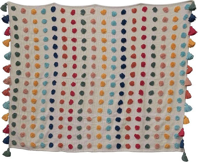 Creative Co-Op Soft Woven Cotton Throw with Tufted Dots and Tassels, Multicolor