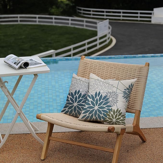 DFXSZ Blue Army Green Outdoor Pillow Covers Set of 2 20X20 Inch Teal Floral Elegant Polyester Flower Pillow Case Outdoor Waterproof Decor for Patio Funiture Garden Linen Cushion Covers 01C20