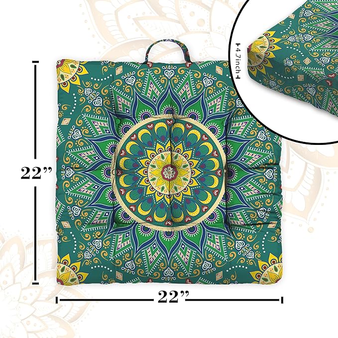 Mandala Meditation Cushion, Boho Meditation Mat, Meditation Pillows for Sitting on Floor, Cushions for Sitting in Home and Outdoor, Square Floor Pillow Cushion Seating for Yoga Accessories 22'' X 22''