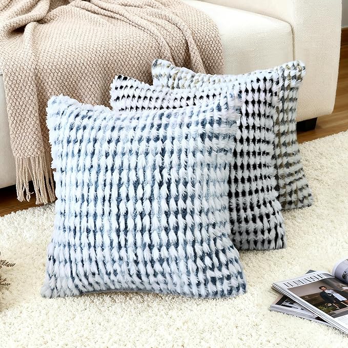 Boho Chenille Tufted Pillow Cover 18x18 Inch Set of 1, Farmhouse Striped Decorative Pillow Covers Accent Fluffy Neutral Square Pillowcases for Couch Sofa Bedroom Living Room, Blue White