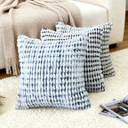 Boho Chenille Tufted Pillow Cover 18x18 Inch Set of 1, Farmhouse Striped Decorative Pillow Covers Accent Fluffy Neutral Square Pillowcases for Couch Sofa Bedroom Living Room, Blue White