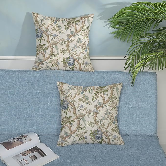 Blue Green Floral Bird Pillow Covers 16x16 Set of 2 Chinoiserie Throw Pillows Green Vintage Flowers Bird Decorative Pillow Cases Outdoor Chinoiserie Decor Farmhouse Cushion Case for Couch Sofa