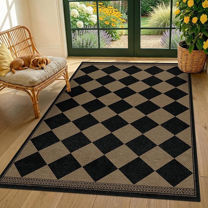 Black & Brown Checkered Easy Jute Outdoor Rug 4x6 for Porch Patio, Washable Non-Slip Diamond Checkerboard Entryway Office and Backyard Boho Border Rug, Farmhouse Low Pile Indoor Carpet for Living Room