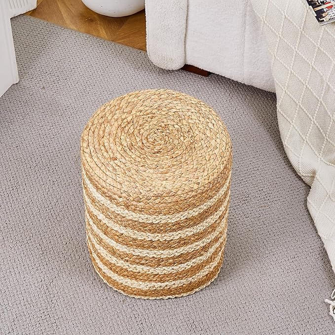 Wimarsbon 2Pcs Pouf Ottomans, Natural Seagrass Foot Stool, Hand Weaving Round Ottoman, Boho Decorative Seat, Jute Braided Pouffe Poof Accent Sitting Footrest for Living Room (Water Hyacinth-White)