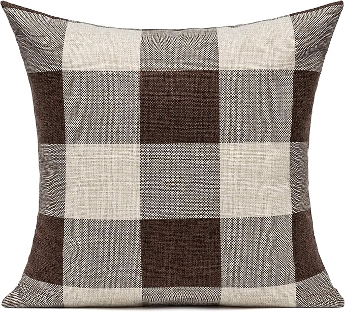 VAKADO 20x20 Inch Set of 2 Brown/Coffee Buffalo Plaids Throw Pillow Covers Retro Classic Check Cotton Linen Square Cushion Cases Farmhouse Home Decor for Couch Sofa Patio Bedroom