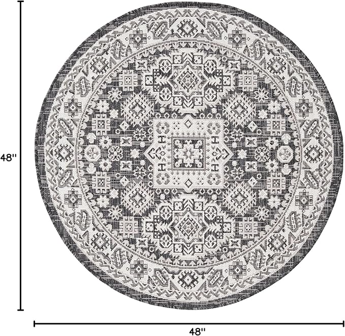 Rugs.com Outdoor Aztec Collection Rug – 4 Ft Round Charcoal Gray Flatweave Rug Perfect for Kitchens, Dining Rooms