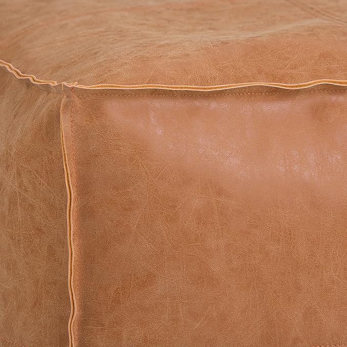 SIMPLIHOME Brody Square Pouf - 18 inch Wide Upholstered Vegan Leather Ottoman in Distressed Brown, Boho Footstool, Coffee Table or Extra Seating for Living Room or Bedroom, Assembled