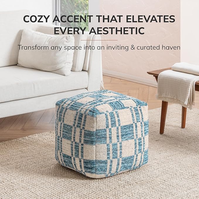 Anji Mountain Pouf Ottoman Foot Rest, Handmade Ottoman Pouf, Comfortable Foot Stool, Decorative Floor Seating for Living Room Decor, Bedroom & Home Décor Accent - Blue